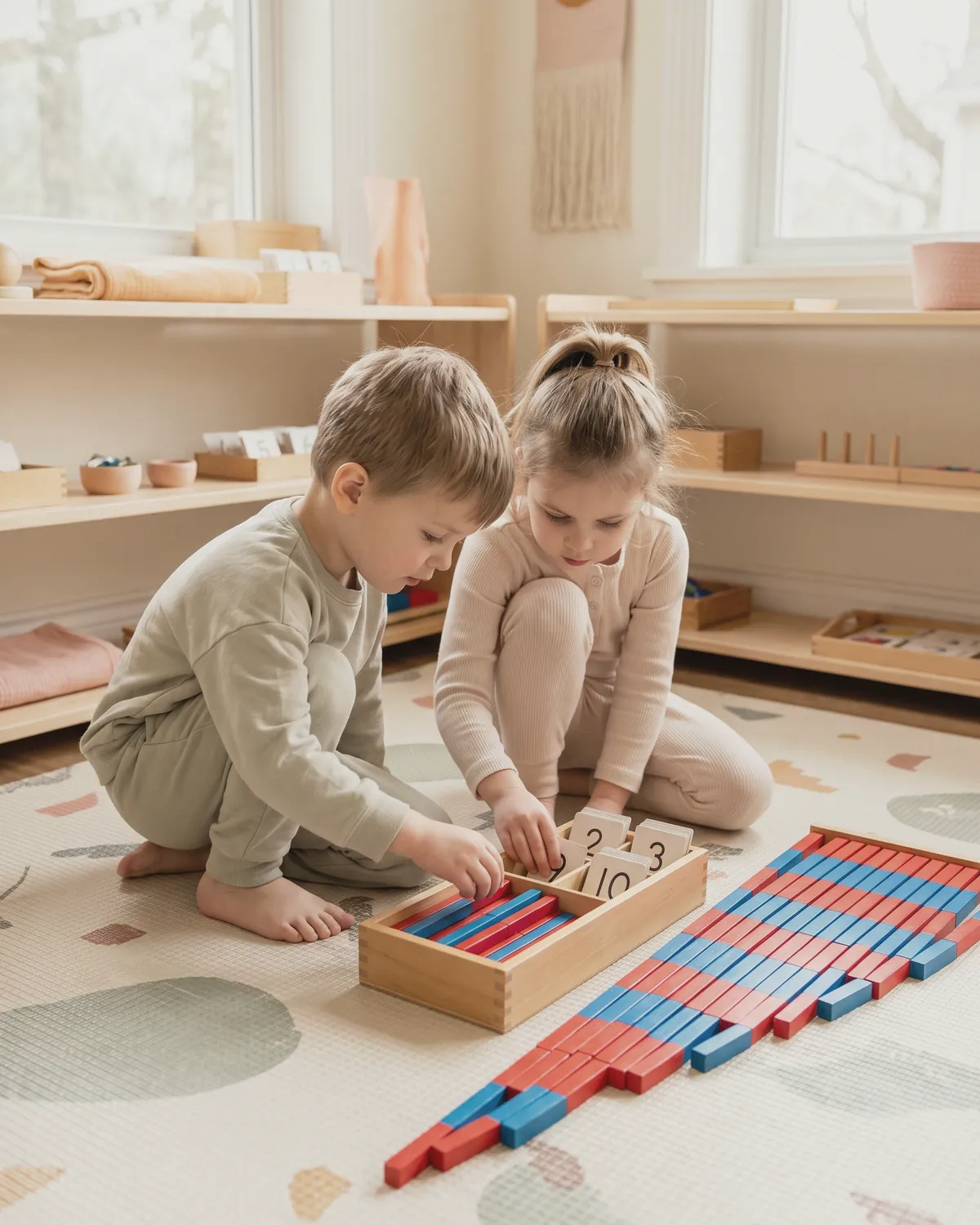 Illustration: two young children kneeling on a mat in a bright Montessori classroom, sorting number cards into a wooden spindle box beside a row of red and blue number rods