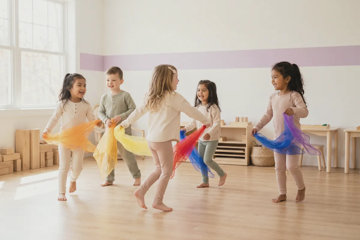 Illustration: five young children dancing with orange, yellow, red, blue and purple chiffon scarves in a bright room