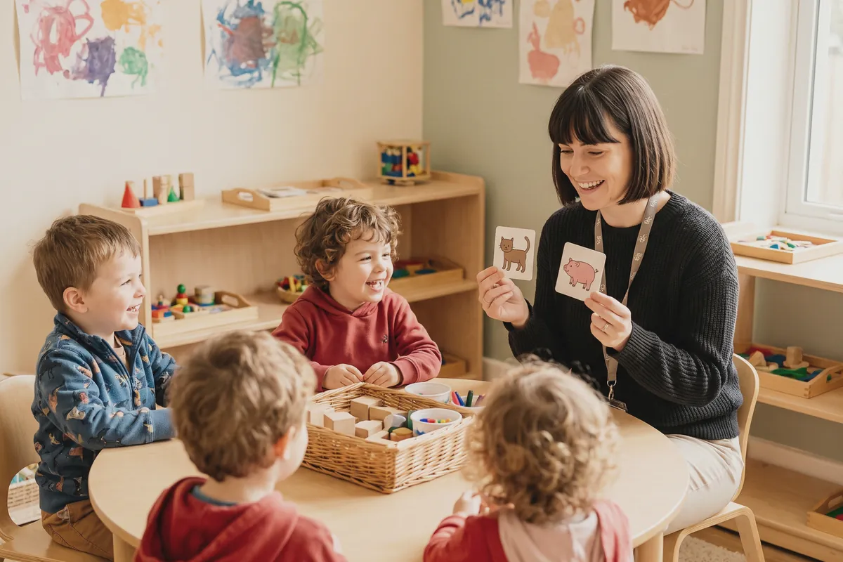 Illustration: a smiling educator holding up a cat picture card and a pig picture card to four children at a round wooden table