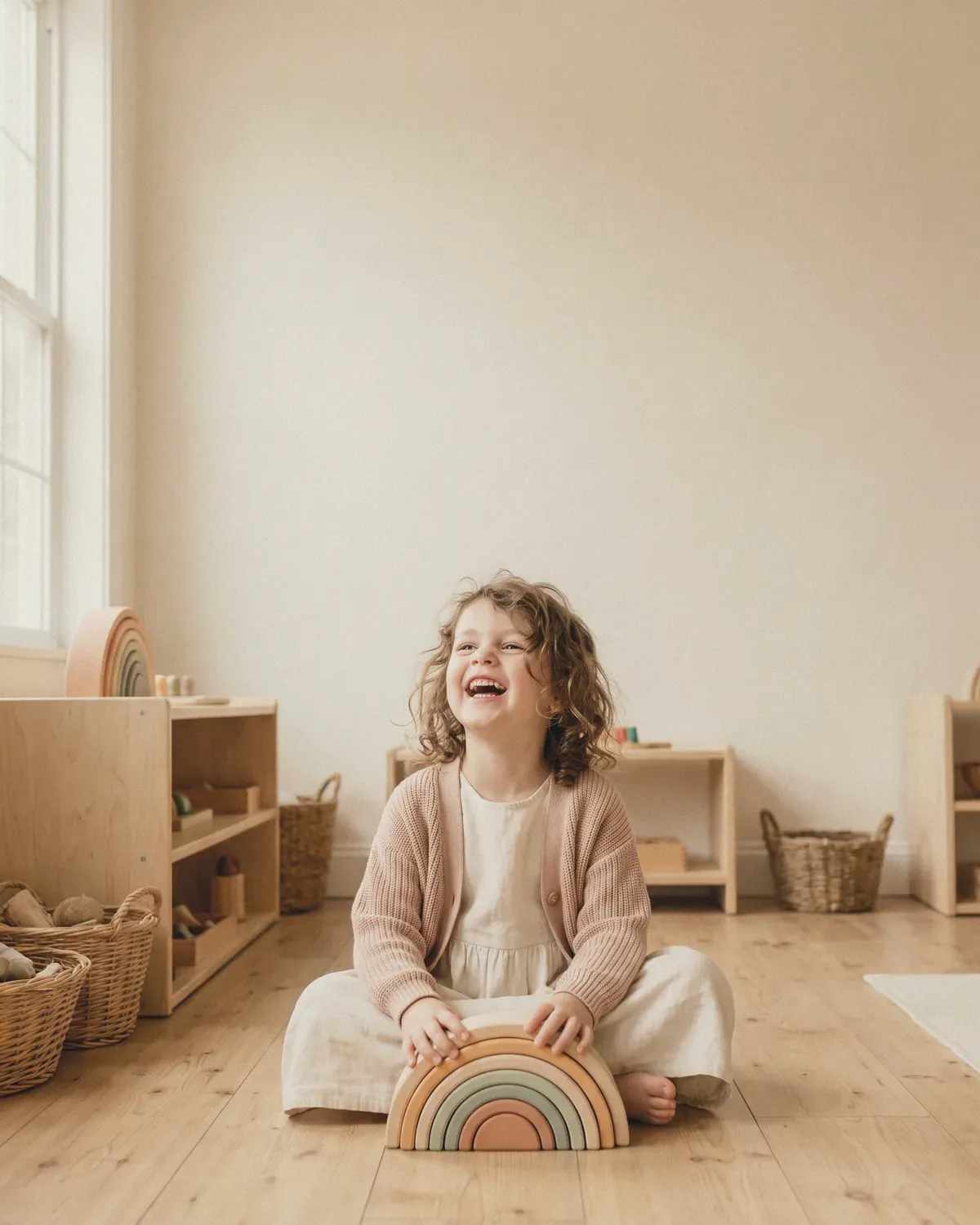 A smiling girl holding a wooden rainbow stacker