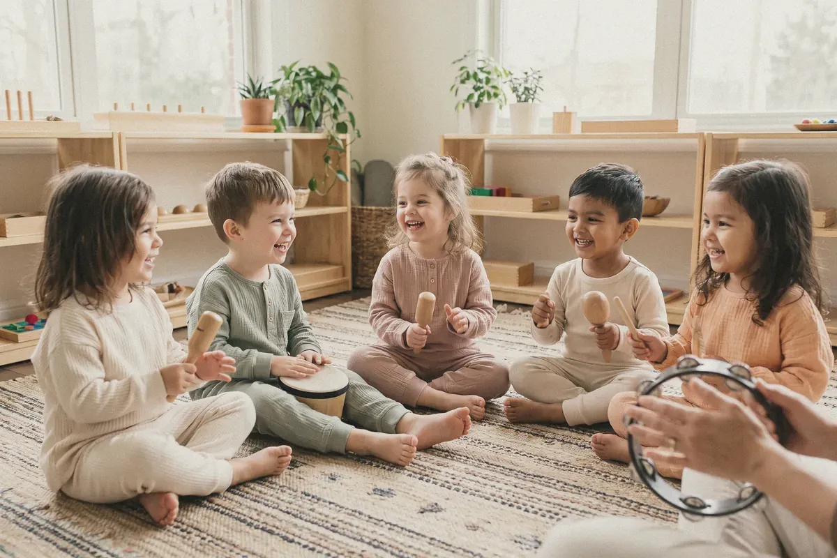 Children in a circle playing shakers and small drums
