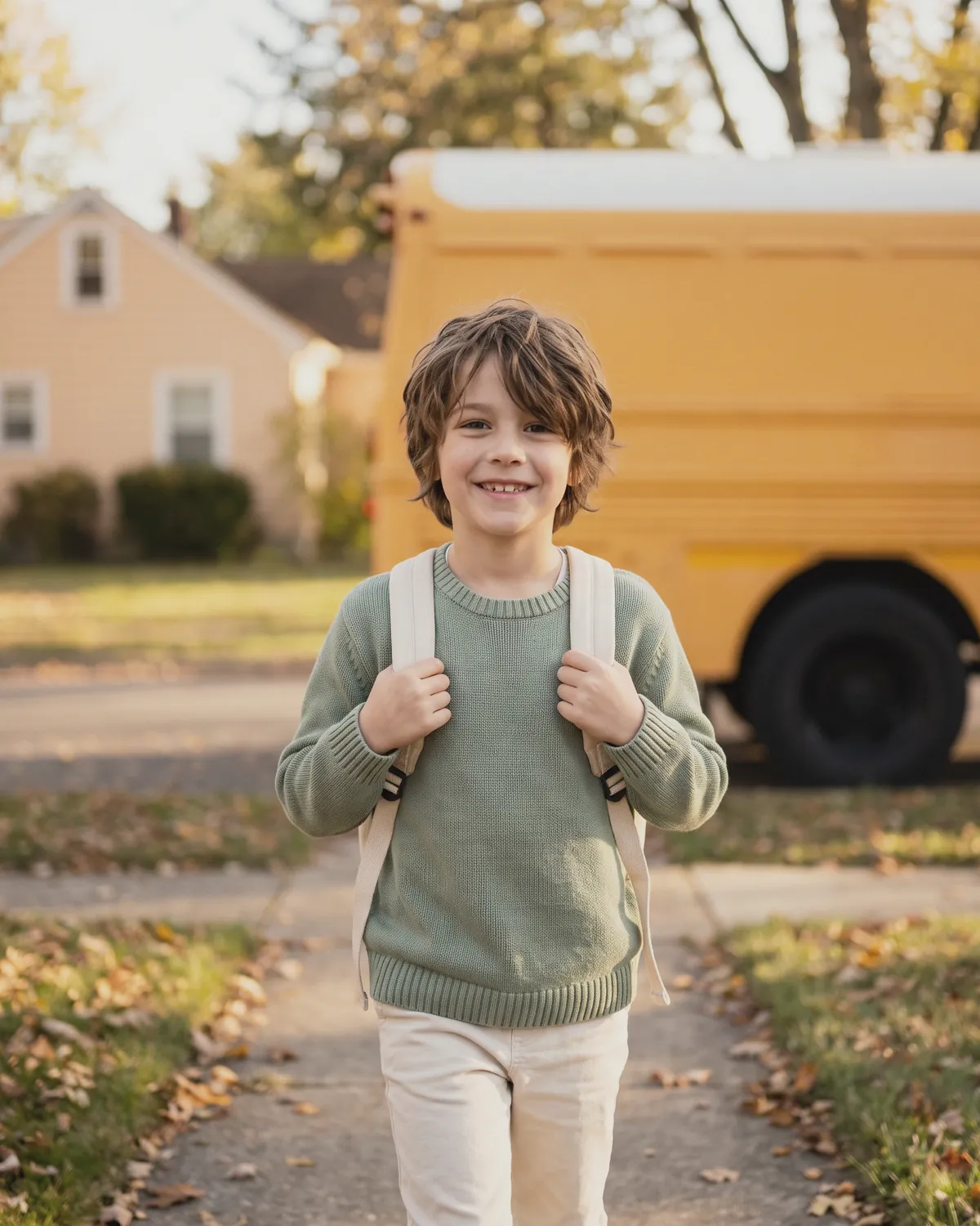 Illustration: a smiling school-age boy in a sage sweater with a cream backpack walking toward the camera on an autumn sidewalk, a plain yellow school bus blurred behind him