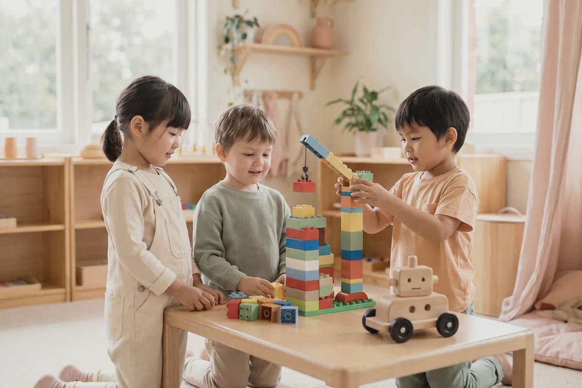 Illustration: three young children at a low wooden table building a colourful brick tower and crane, with a small wooden robot car beside them
