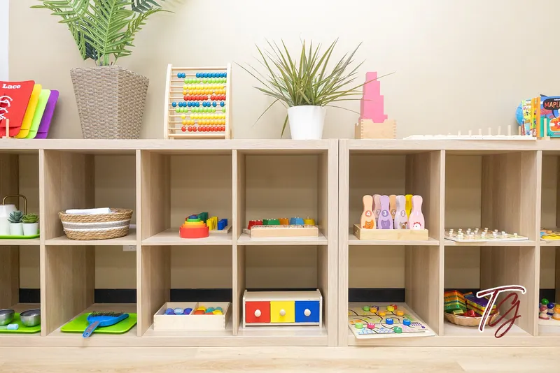 Montessori shelves with an abacus, wooden toys and plants