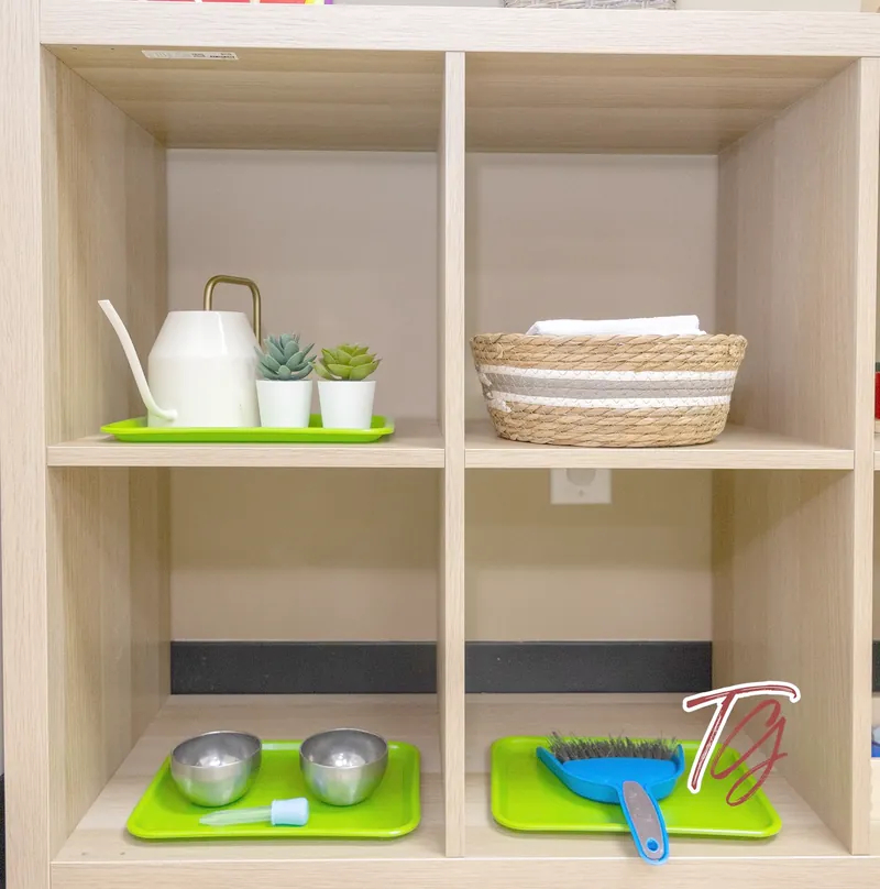 A practical life shelf with a small watering can, succulents and a dustpan