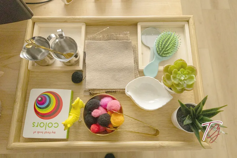 A sensory tray with pompoms, a brush and a book about colours