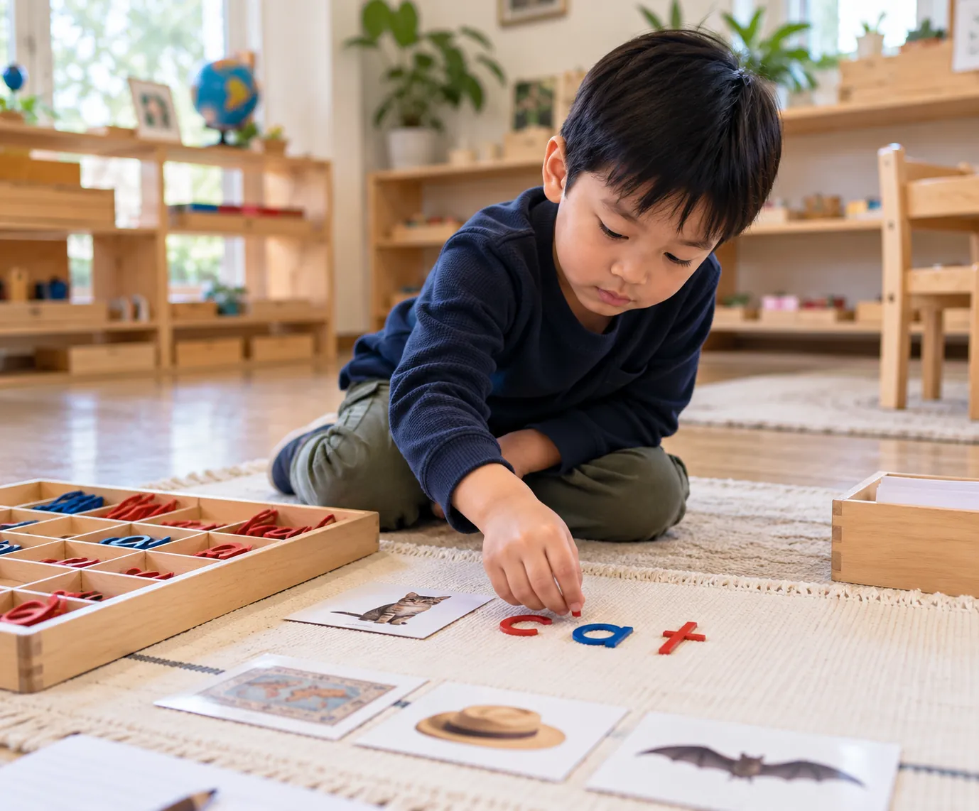 Illustration: a boy kneeling on a rug spelling c-a-t with red and blue wooden letters beside picture cards of a cat, a hat and a bat